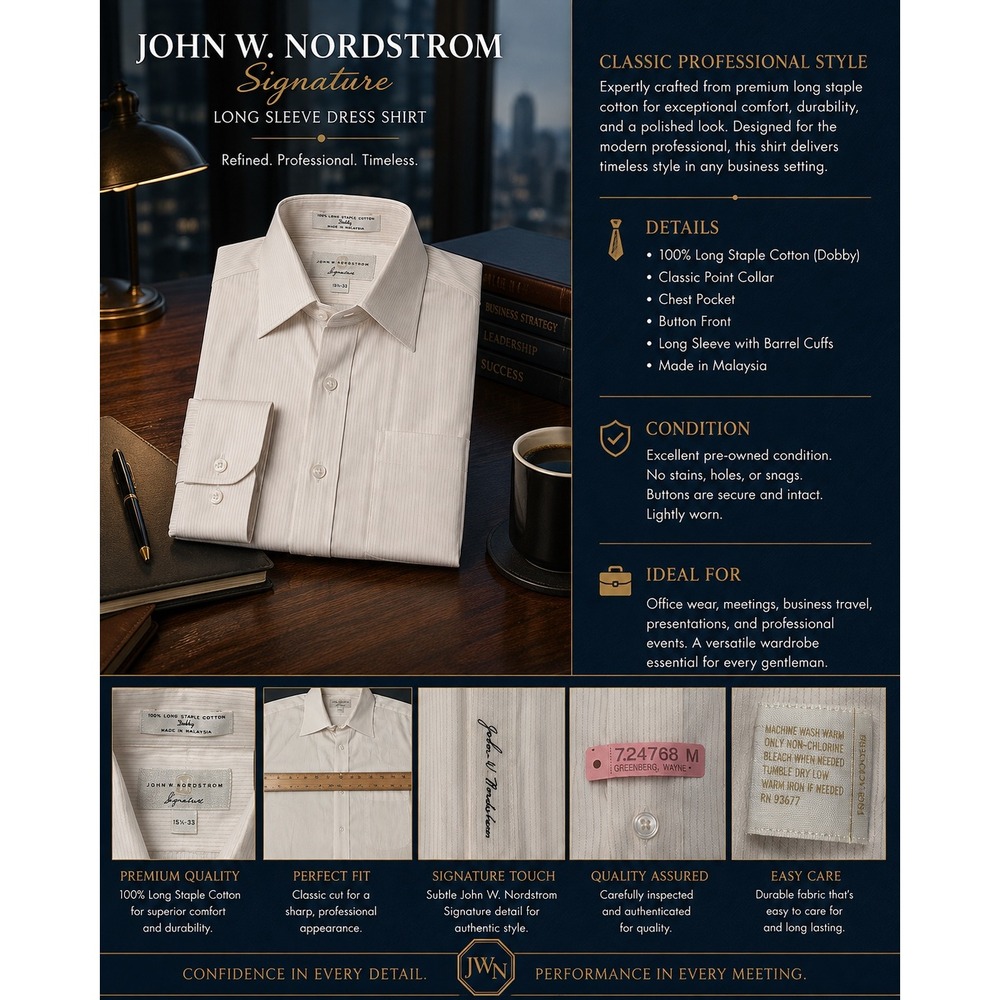 John W. Nordstrom Signature Mens Dress Shirt 15.5 33 Cream Dobby Cotton L/S